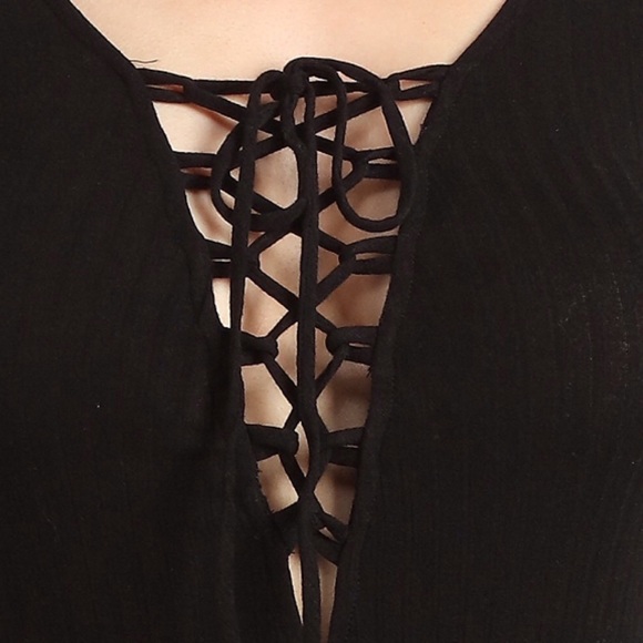 Open Lace Up Deep V Long Sleeve Knit Sweater Top - Picture 4 of 4